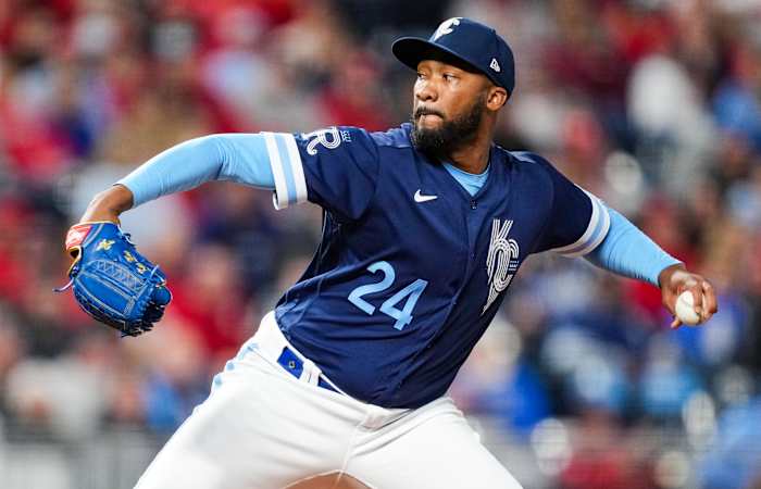 May 3, 2022; Kansas City, Missouri, USA; Kansas City Royals relief pitcher Amir Garrett (24) pitches against the St. Louis Cardinals during the eighth inning at Kauffman Stadium. Mandatory Credit: Jay Biggerstaff-USA TODAY Sports